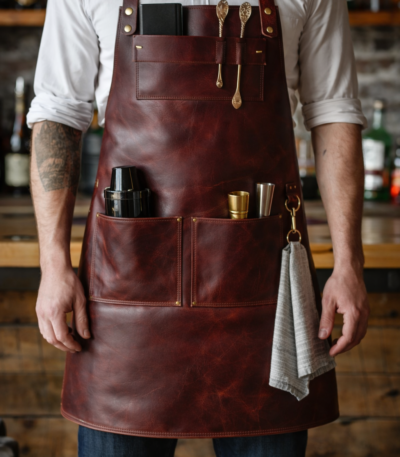 brown leather bar apron