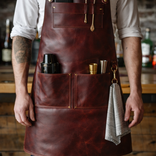 brown leather bar apron