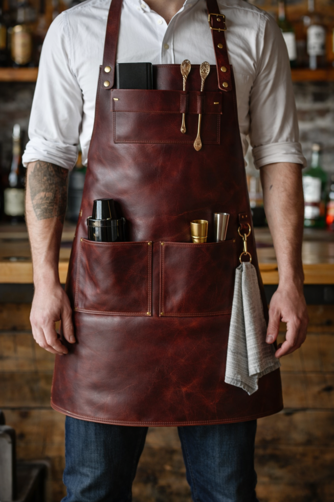 brown leather bar apron