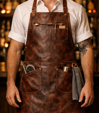 Professional bartender wearing mahogany distressed leather apron with cocktail tools and towel ring in bar setting – vintage bar apron from LeatherAprons.us