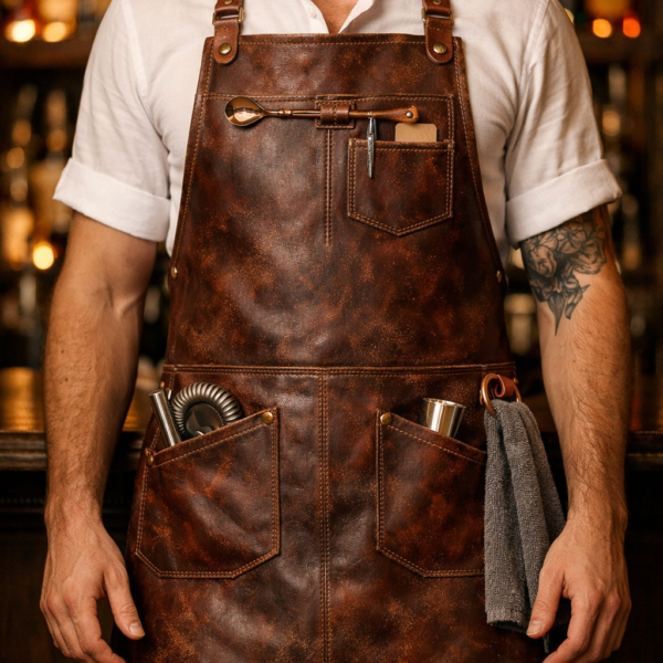 Professional bartender wearing mahogany distressed leather apron with cocktail tools and towel ring in bar setting – vintage bar apron from LeatherAprons.us