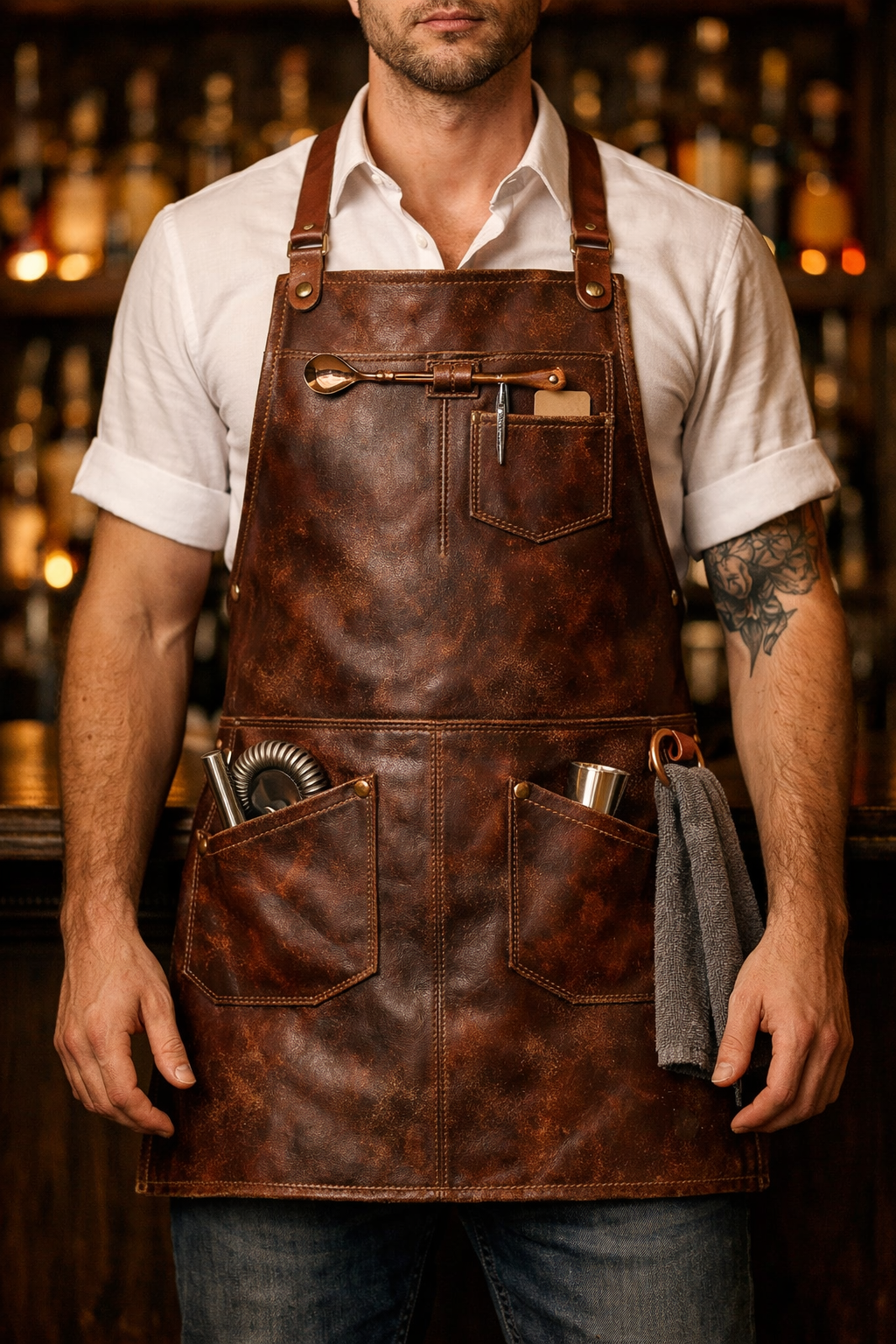 Professional Bartender Wearing Mahogany Leather Apron Professional bartender wearing mahogany distressed leather apron with cocktail tools and towel ring in bar setting – vintage bar apron from LeatherAprons.us