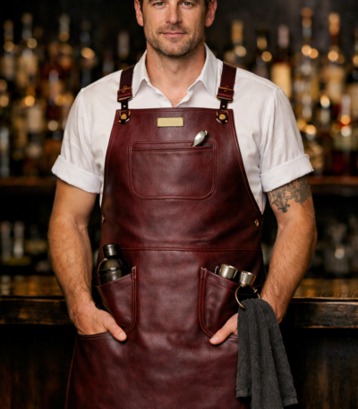 Professional bartender wearing oxblood signature leather bar apron with tool pockets and towel ring in cocktail bar setting – premium apron by LeatherAprons.us
