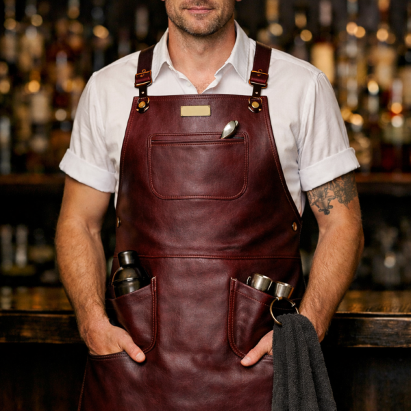 Professional bartender wearing oxblood signature leather bar apron with tool pockets and towel ring in cocktail bar setting – premium apron by LeatherAprons.us