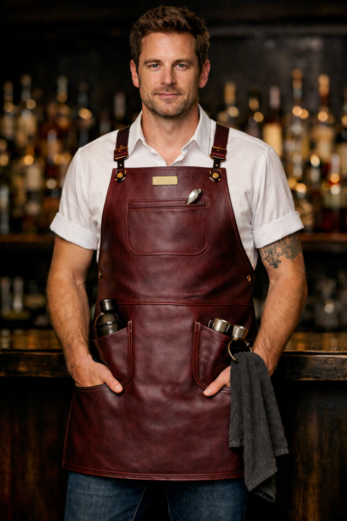 Professional bartender wearing oxblood signature leather bar apron with tool pockets and towel ring in cocktail bar setting – premium apron by LeatherAprons.us