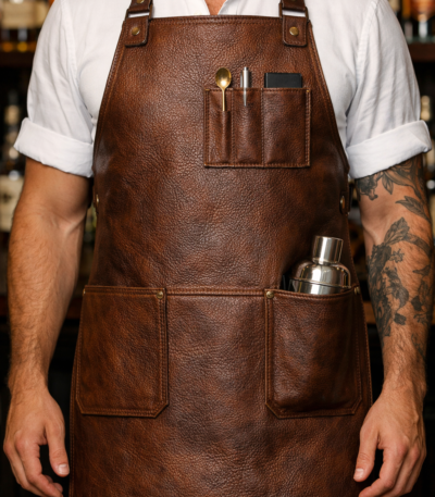 Full-grain tobacco rustic grain leather bartender apron with reinforced pockets carrying cocktail shaker and bar tools in a professional bar.
