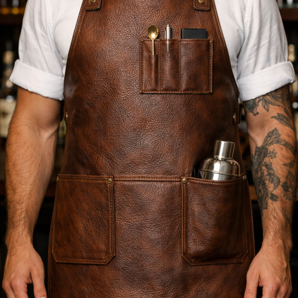 Full-grain tobacco rustic grain leather bartender apron with reinforced pockets carrying cocktail shaker and bar tools in a professional bar.