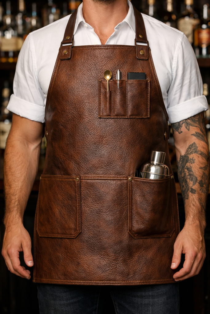 Full-grain tobacco rustic grain leather bartender apron with reinforced pockets carrying cocktail shaker and bar tools in a professional bar.
